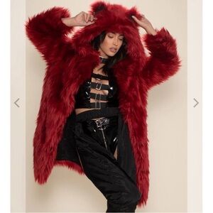 SpiritHoods Red Velvet Wolf Faux Fur Hooded Coat Vegan Small EUC